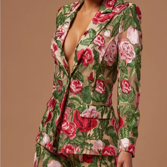 Fashion Nova Jackets & Blazers - Fashion Nova Floral Embroidered Blazer - Red and Green